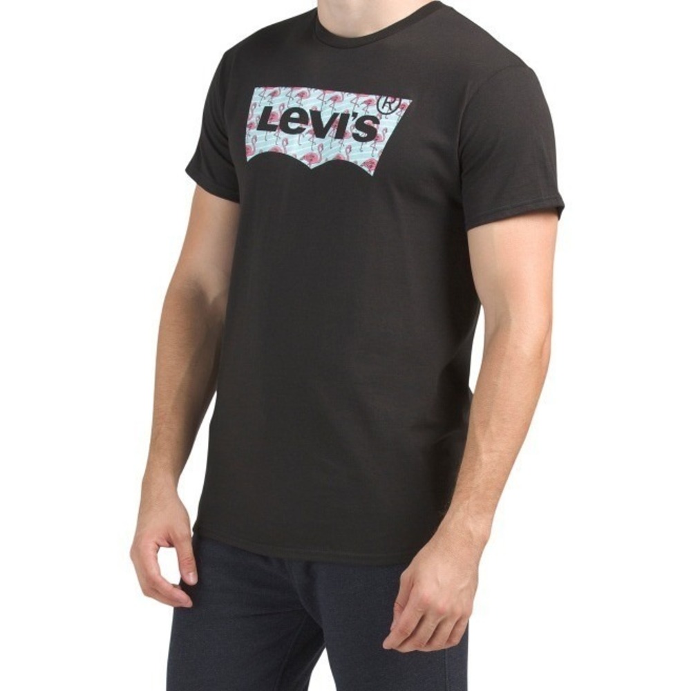 Levi's T Shirt Mens Large Black Classic Fit Pink Flamingo Crewneck T Shirt New